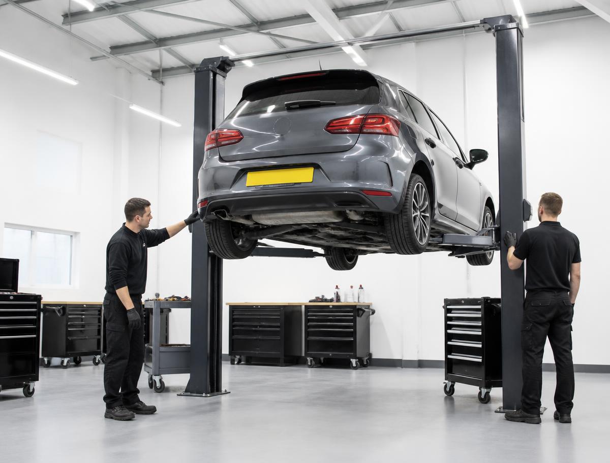 Modern UK repair garage with a car on a lift and technicians at work