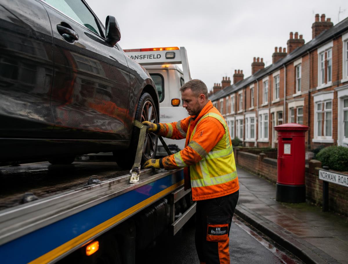 Professional UK recovery operator in hi-vis PPE securing a vehicle on a flatbed truck