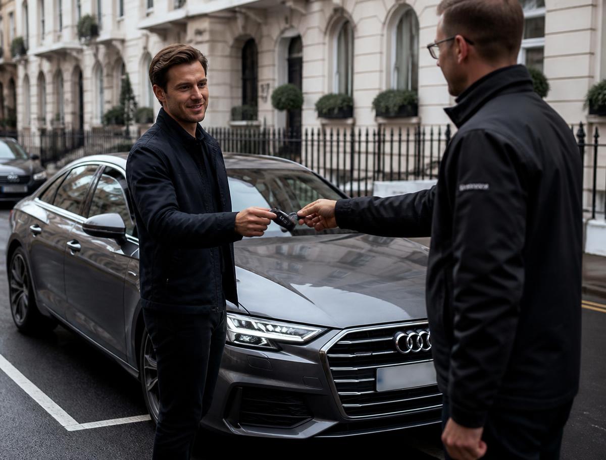 Premium courtesy vehicle keys being handed over on a British street